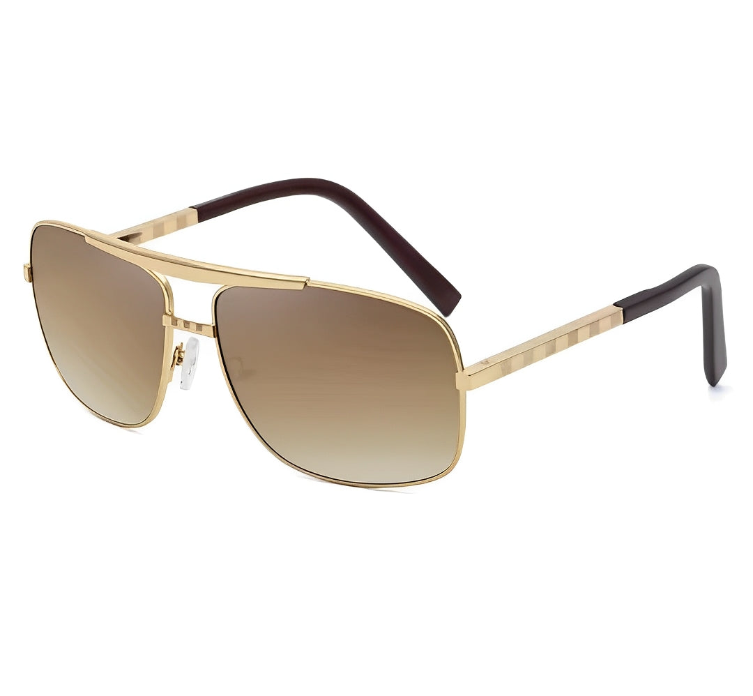 Gold Frame Gradient Brown Sunglasses Mens, Double Bridge, Celeb Inspired, Lightweight Alloy Metal, Lightly Tinted Dark to Light