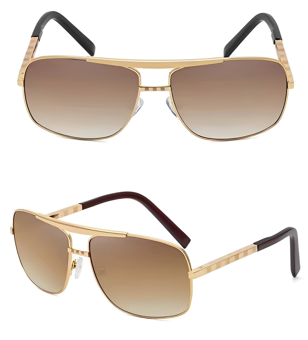 Gold Frame Gradient Brown Sunglasses Mens, Double Bridge, Celeb Inspired, Lightweight Alloy Metal, Lightly Tinted Dark to Light