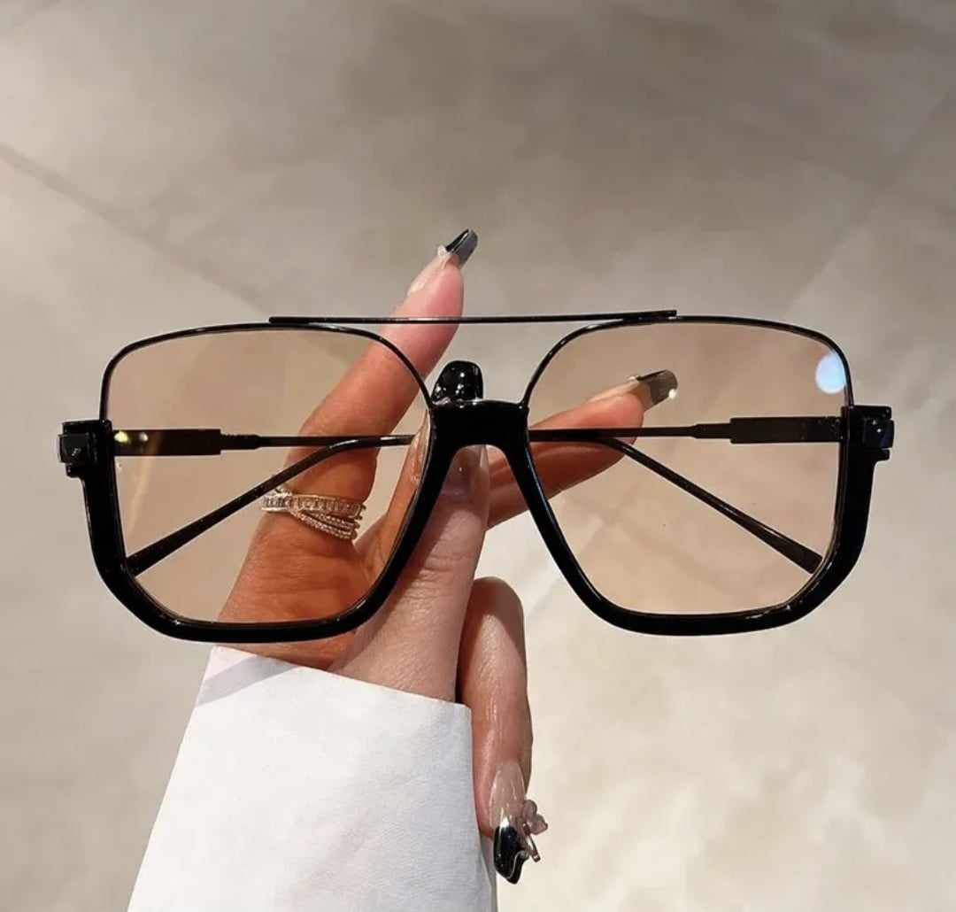 Oversized Amber Tint Brow Bar Sunglasses Lightly Tinted Half Rimmed Sun Glasses Orange Lens Shades Octagonal Framed Fashion Glasses Women Man