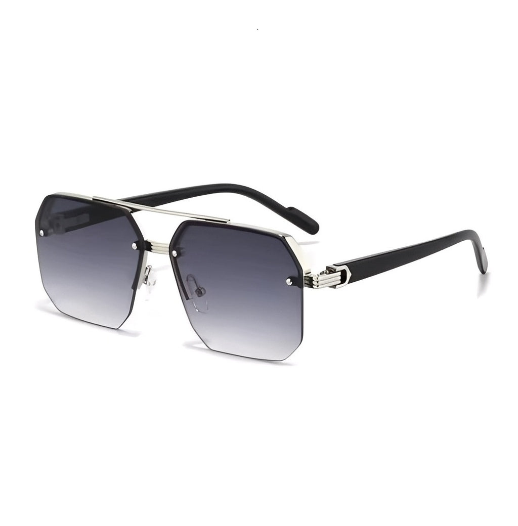 Elegant Oversized Hexagonal Sunglasses Retro Double Bridge Gray Lightly Tinted Lens Silver Detail Browline Frame