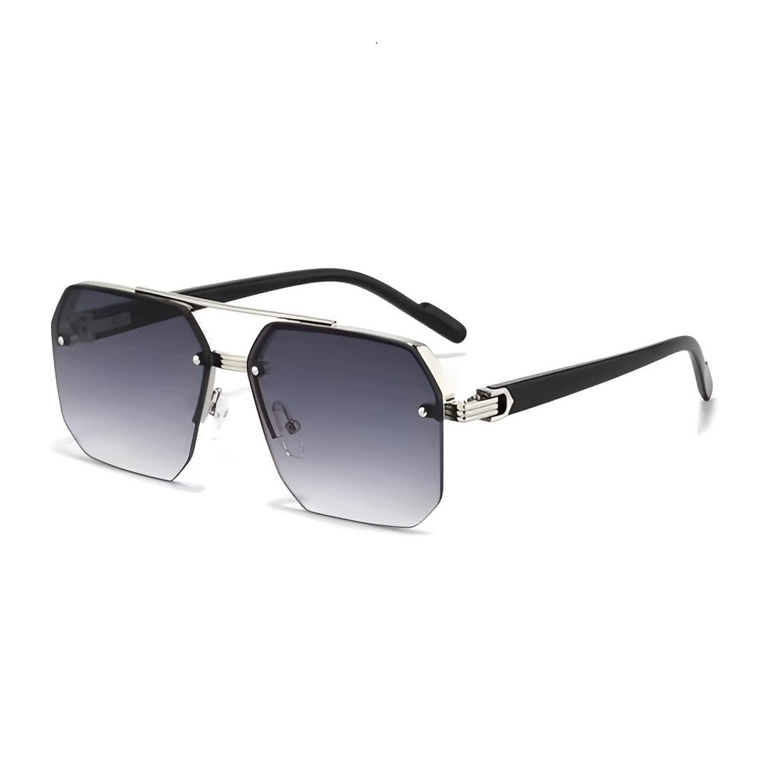 Elegant Oversized Hexagonal Sunglasses Retro Double Bridge Gray Lightly Tinted Lens Silver Detail Browline Frame