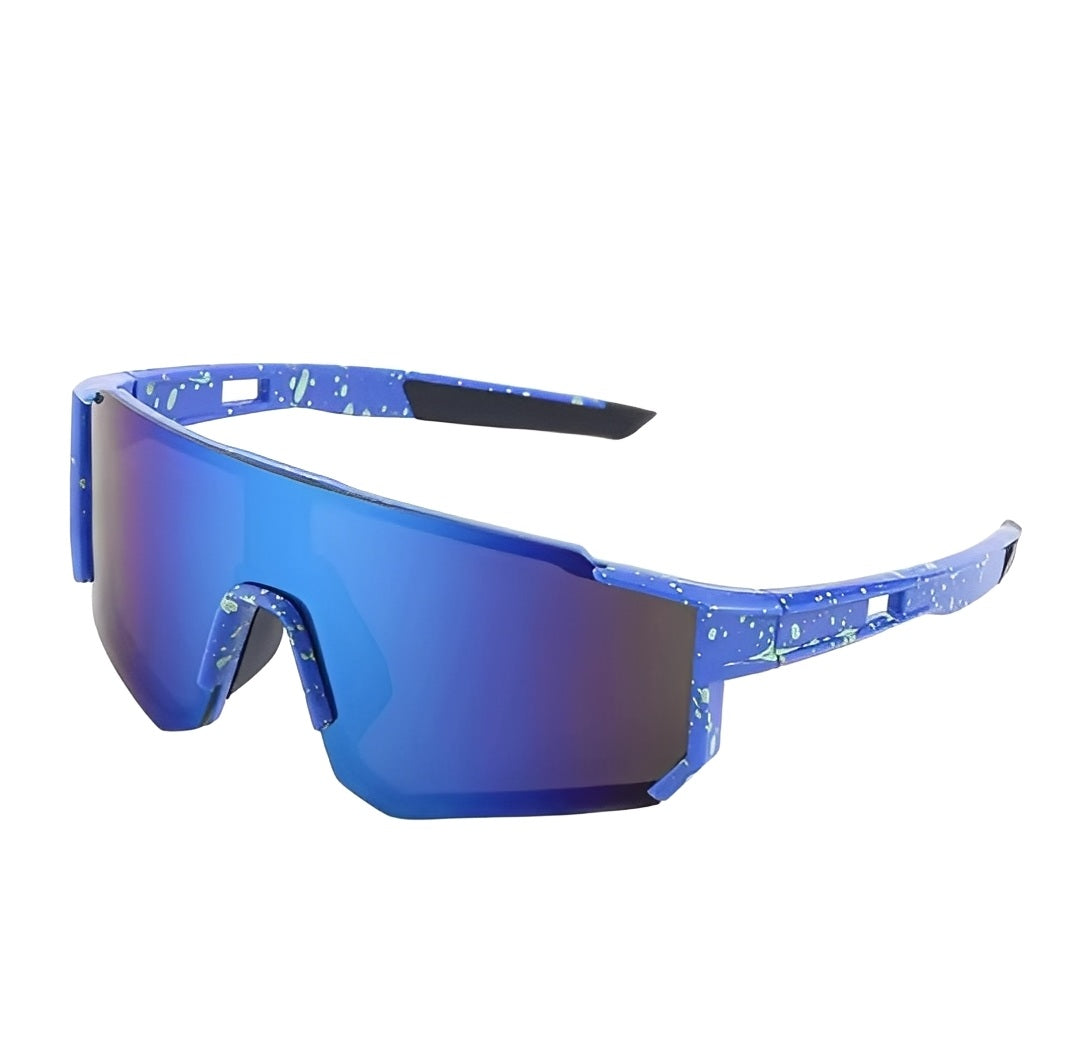 Blue Mirrored Visor Sunglasses Metalic Mirror Tint Lenses Single Lens Frame Sporty Fashion Glasses Futuristic Mirror Reflective Wrap Design