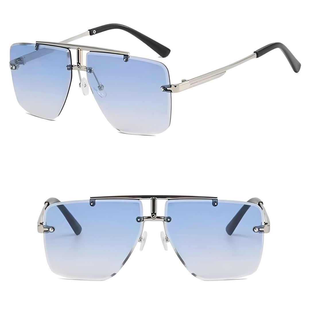 Gradient Ocean Blue Maverick Light Tinted Square Sunglasses Silver Clubmaster Frameless T-Bar Design