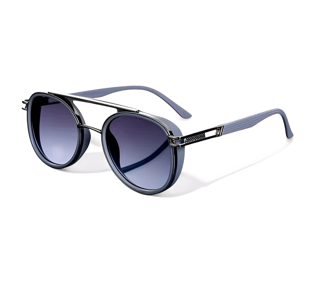 Alloy Rim Sea Blue Round Oval Browline Sunglasses Silver Metal Frame Gradient Tint Side Shield Goggles