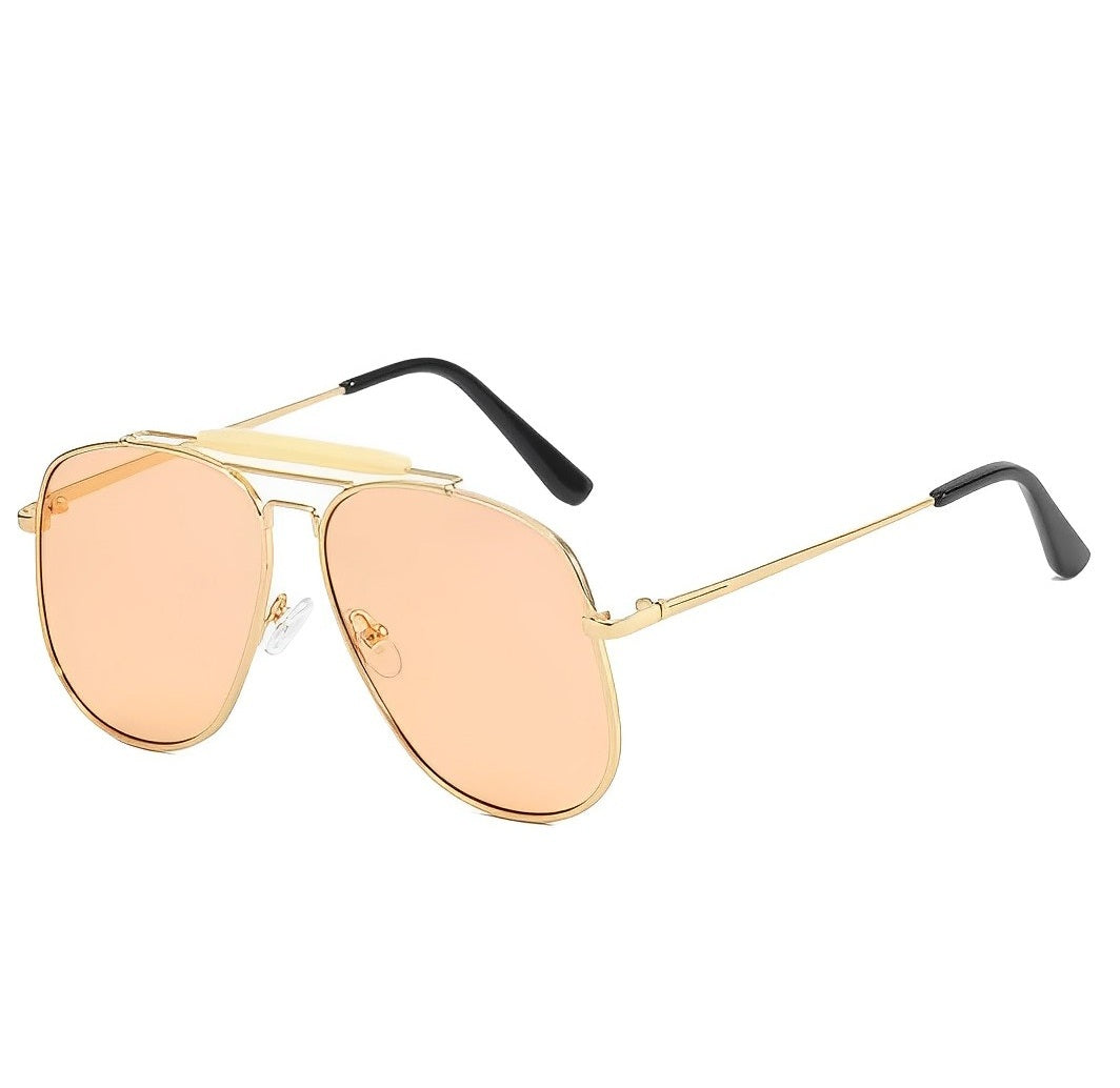 Oversized Celeb Brow Bar Pilot Sunglasses for Women and Men, Retro Designer High-end Style, Thin Metal Frame, Lightly Shaded Glasses, Pink Shades