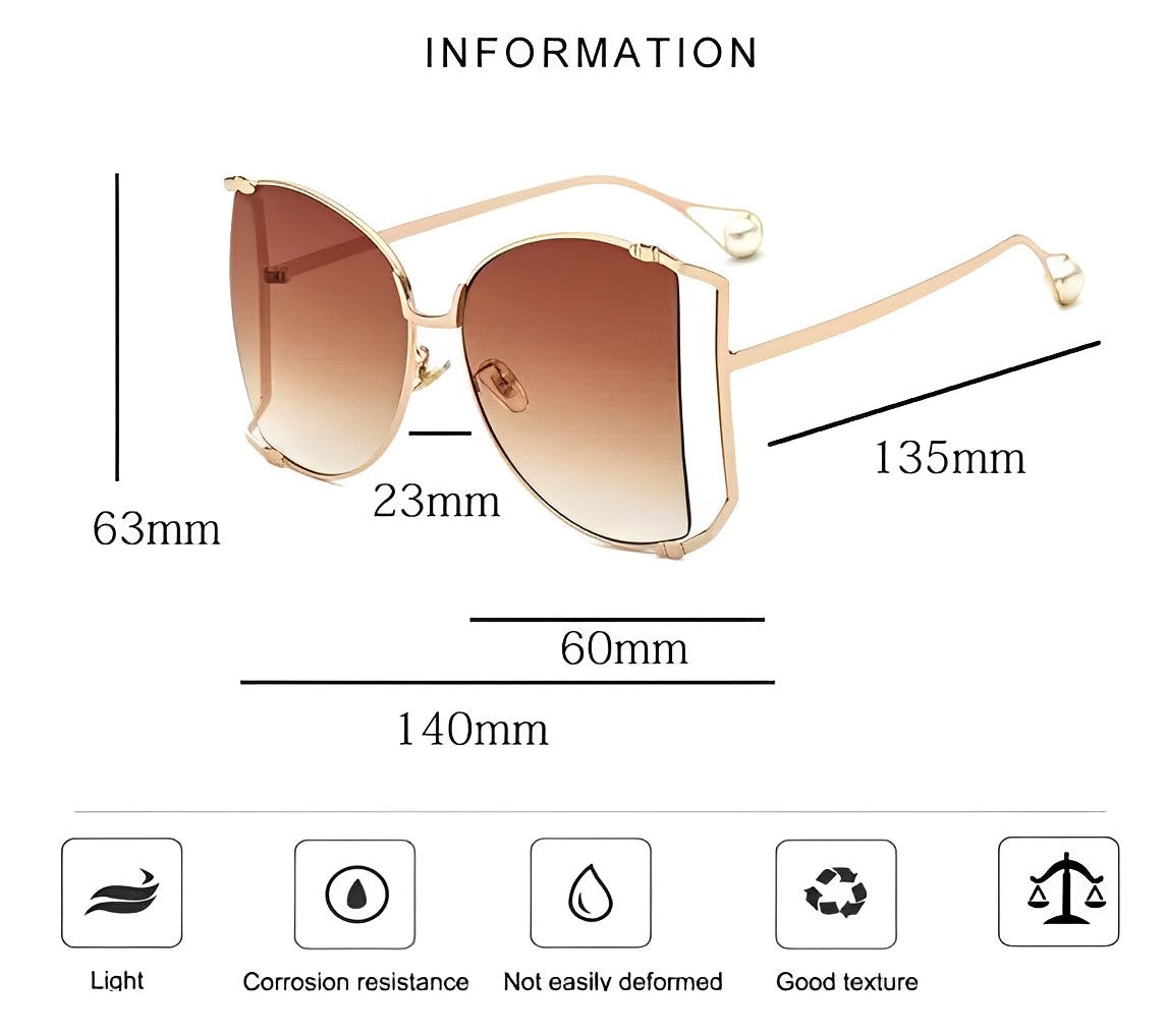 Oversized Butterfly Shaped Celeb Style Sunglasses Womens Thin Gold Half Rim Frame Gradient Tan Big Lens Eyewear Trending