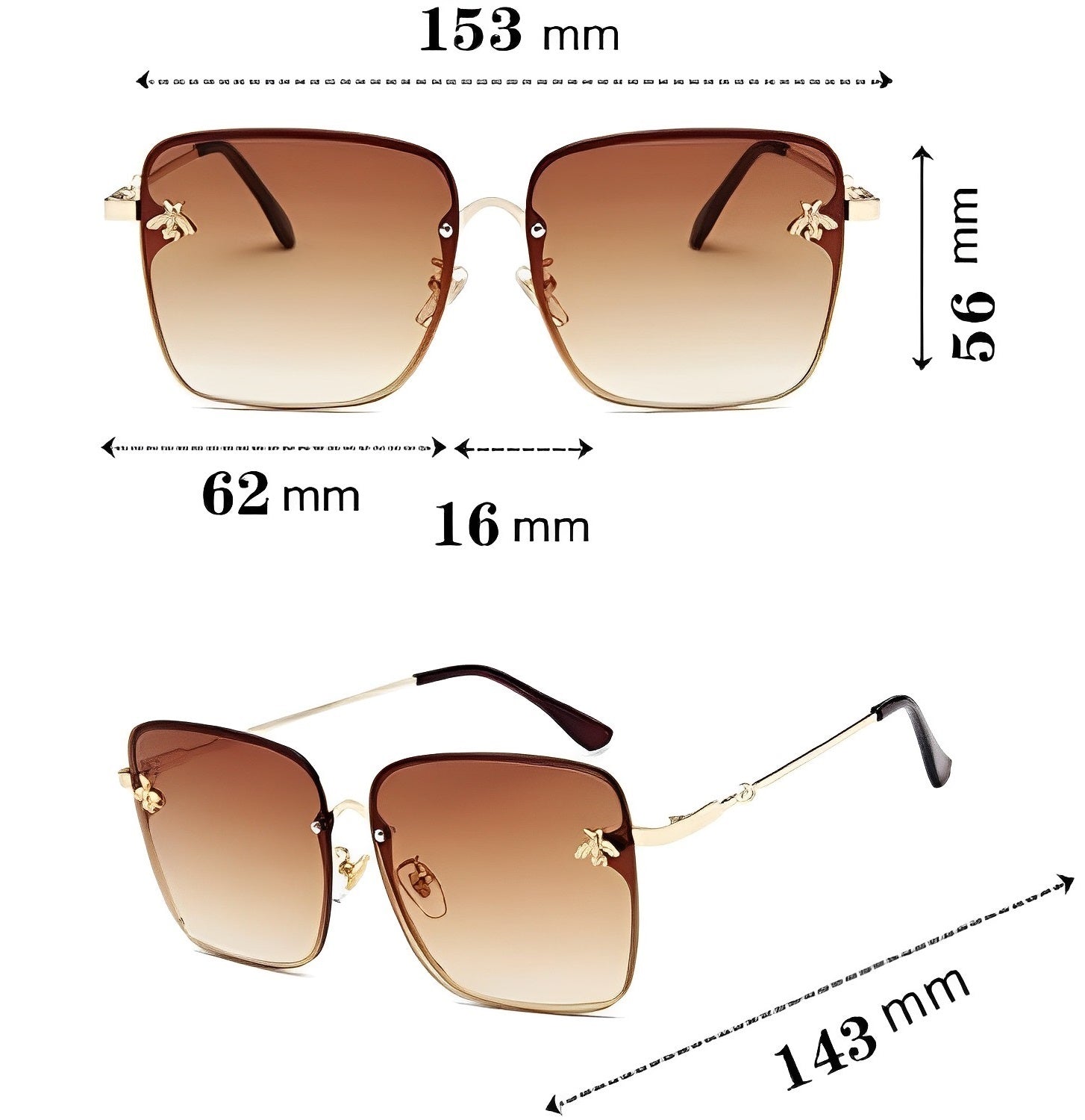Gradient Tan Oversized Big Square Butterfly, Bee Sunglasses for Woman Rimless Gold Frame, Half Frame, Trending Sunglasses