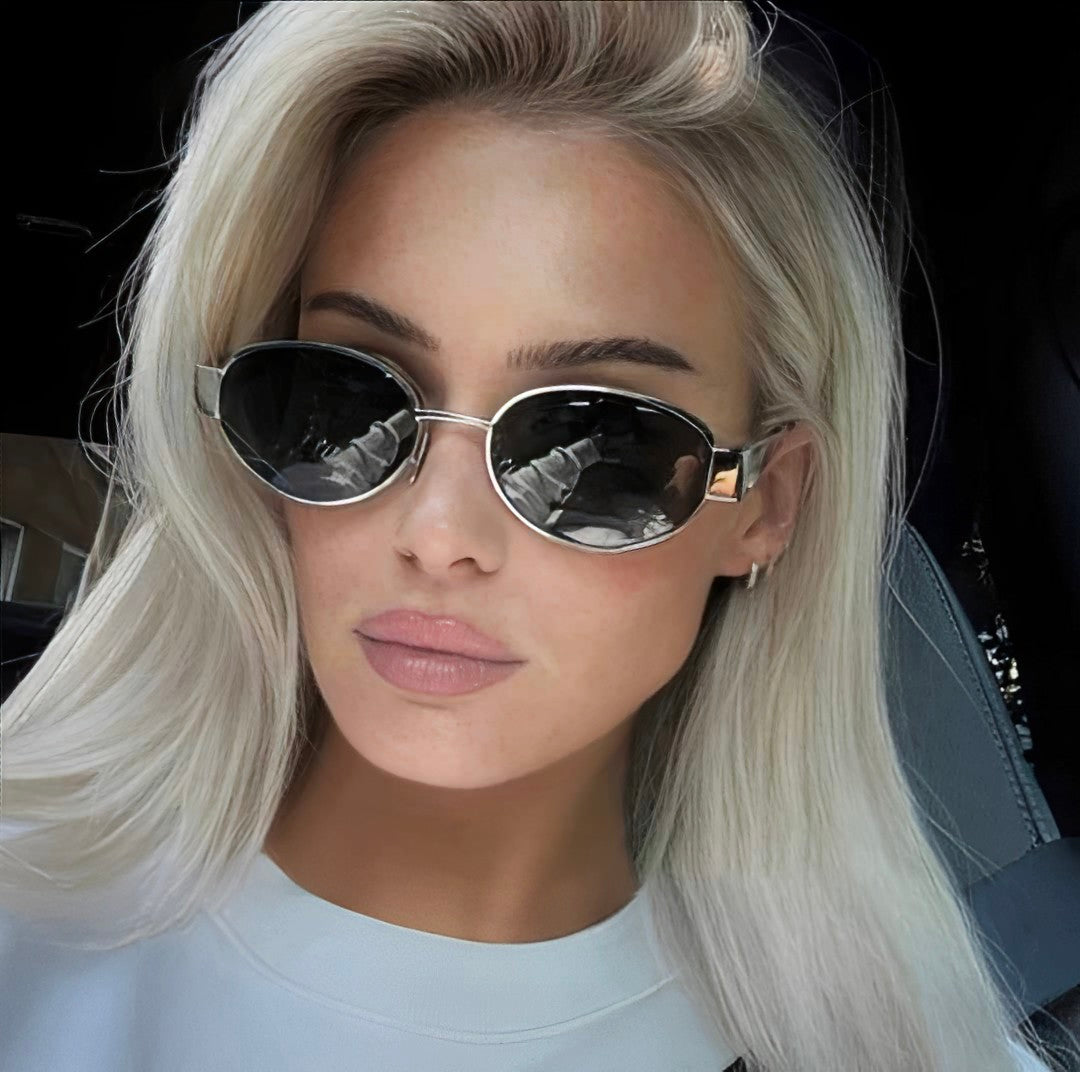 Triumph Style Sunglasses Oval Dark Grey Lens Silver Alloy Frame Celeb Style for Woman Man On-trend Fashion Festival Clubbing Glasses