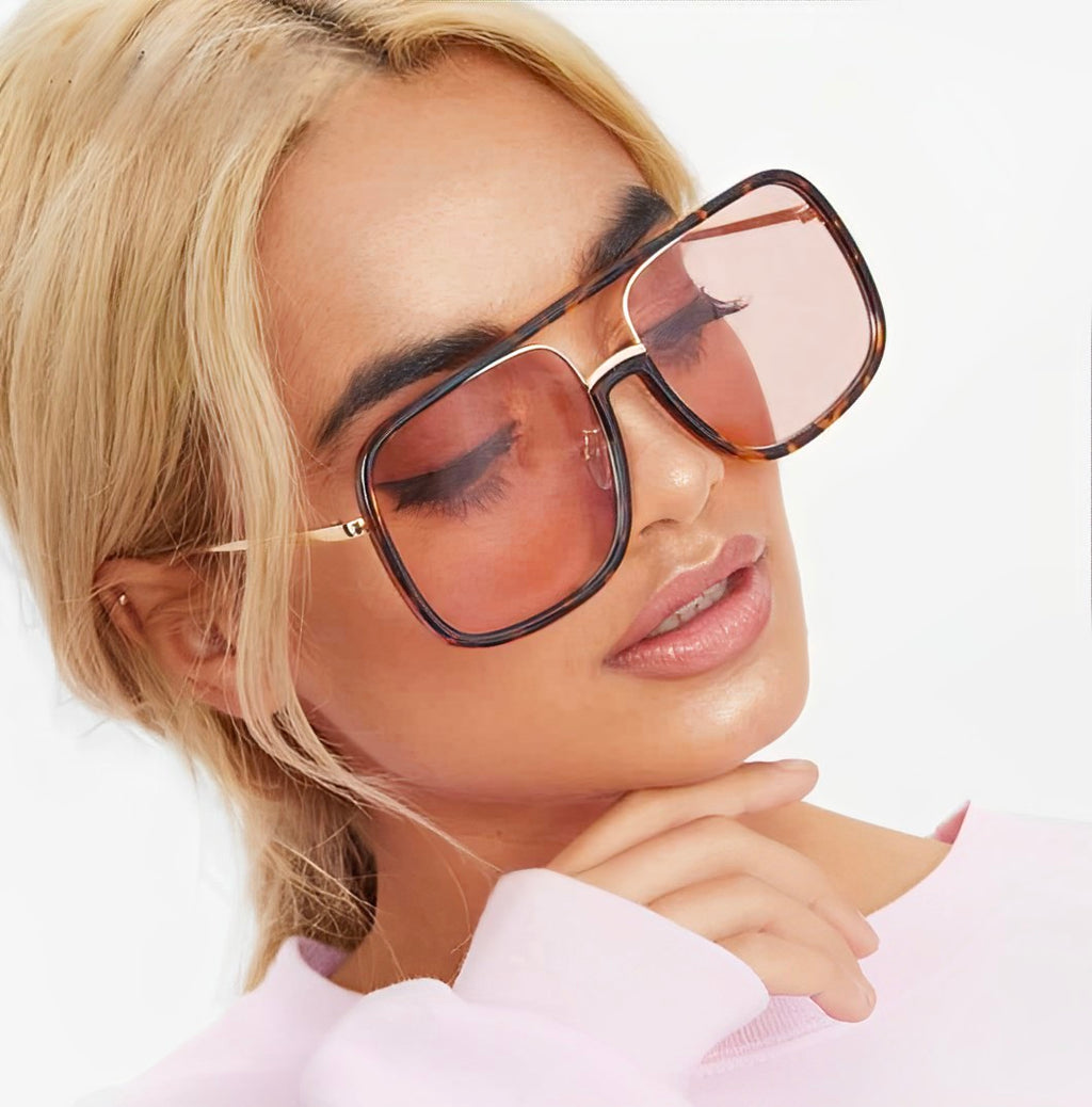 Oversized Celeb Leopard Print Tortoiseshell Sunglasses for Women, Rectangular Thin Gold Frame, Brown Tinted Lenses, UV400 Protection Fashion Glasses