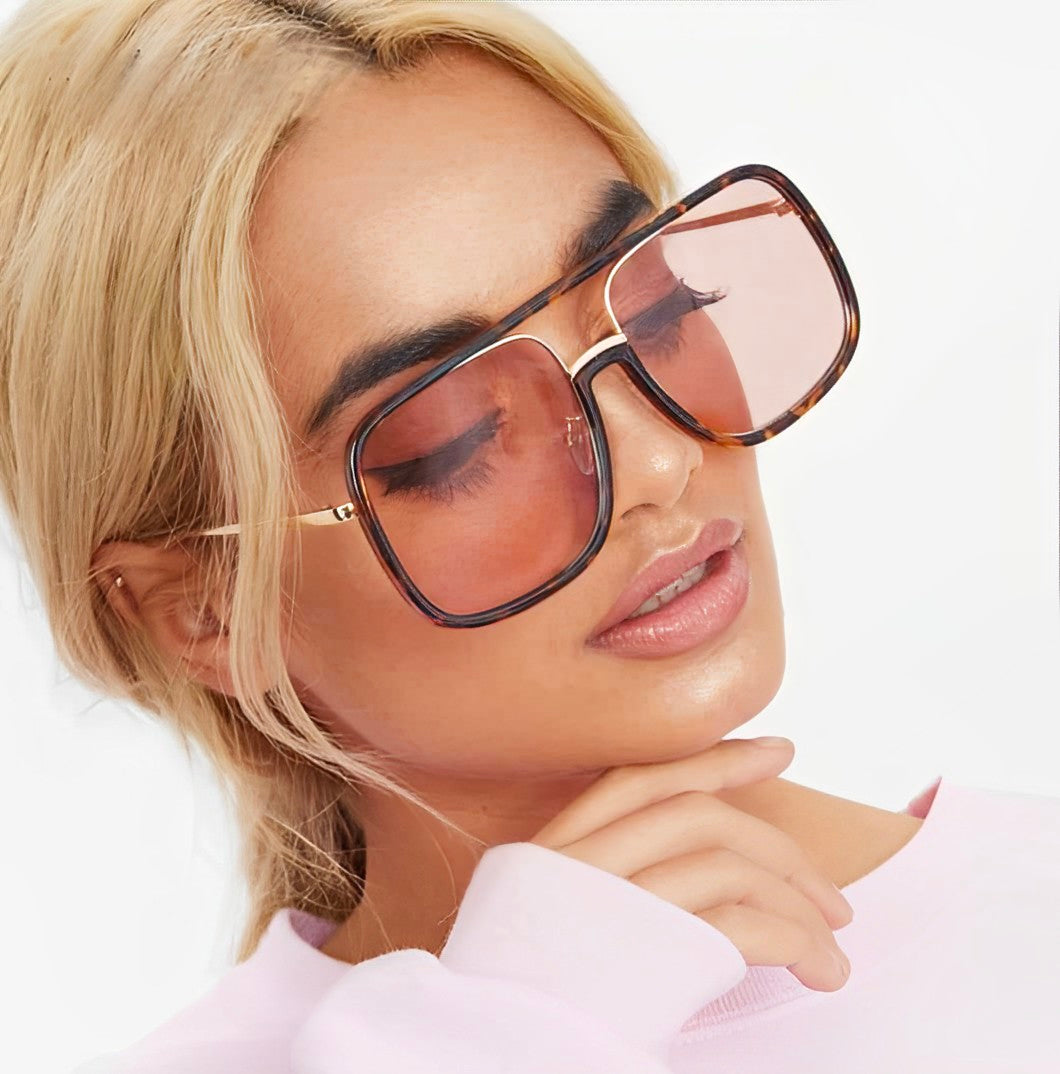 Oversized Celeb Leopard Print Tortoiseshell Sunglasses for Women, Rectangular Thin Gold Frame, Brown Tinted Lenses, UV400 Protection Fashion Glasses