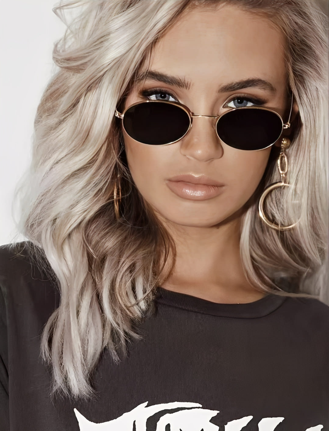Small Gold Alloy Frame Slim Oval Sunglasses Classic Retro Brand Style Solid Grey Lens Lightweight Design