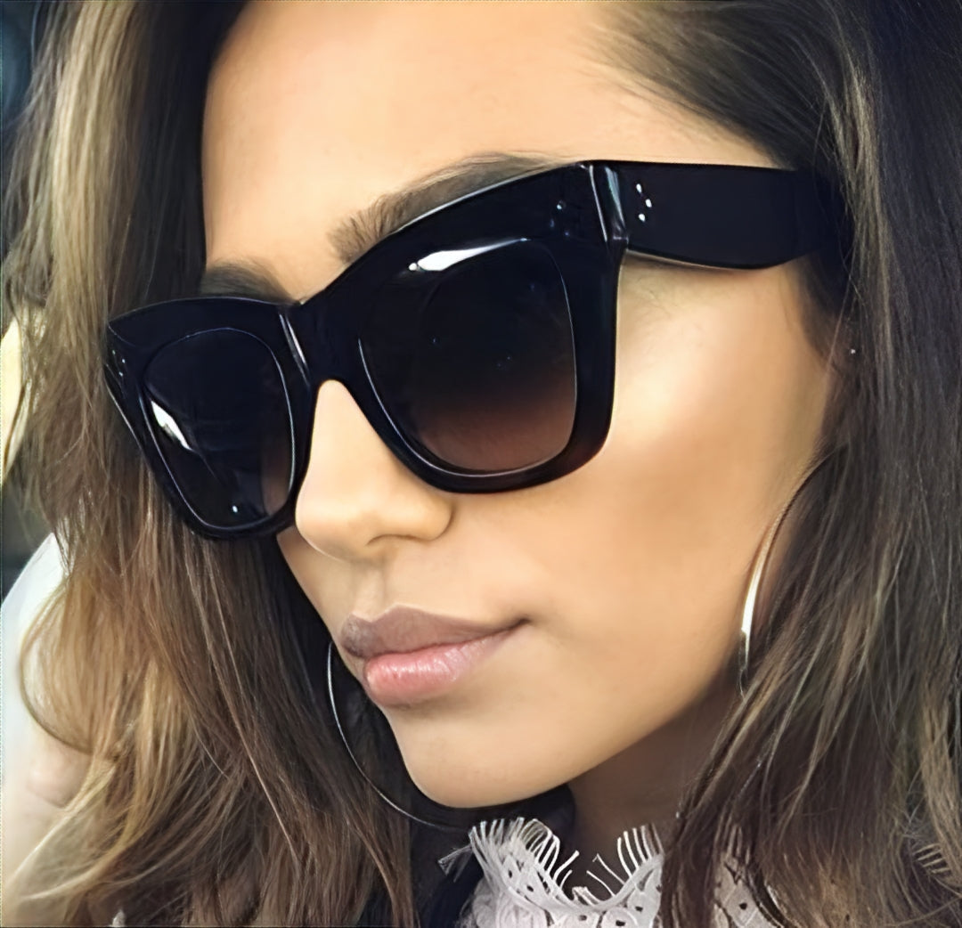 Black Celeb Style Cat Eye Women Ladies Sunglasses Oversized Retro Vintage Cat Eye Silhouette Frame Dark Gradient Lens