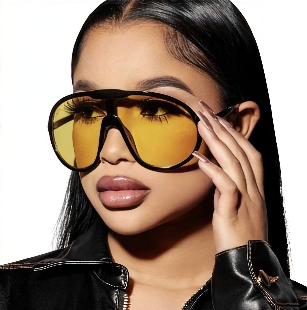 Oversized Yellow Tint Designer Style Sunglasses Big Black Frame Lightly Tinted see through Coloured Lenses