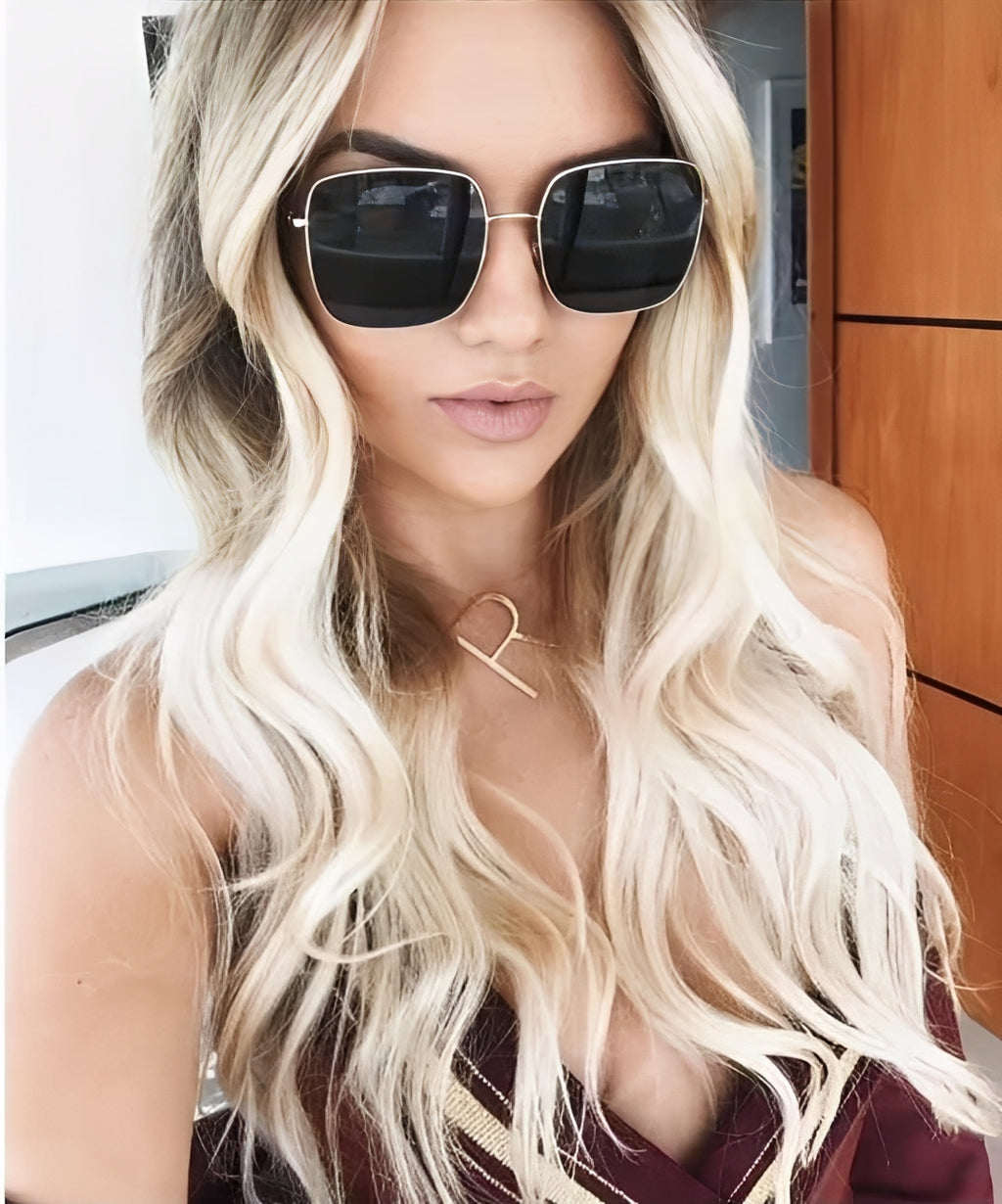Womens Oversized Gold Geometric Square Sunglasses Thin Alloy Frame Solid Dark Grey Tint Lens