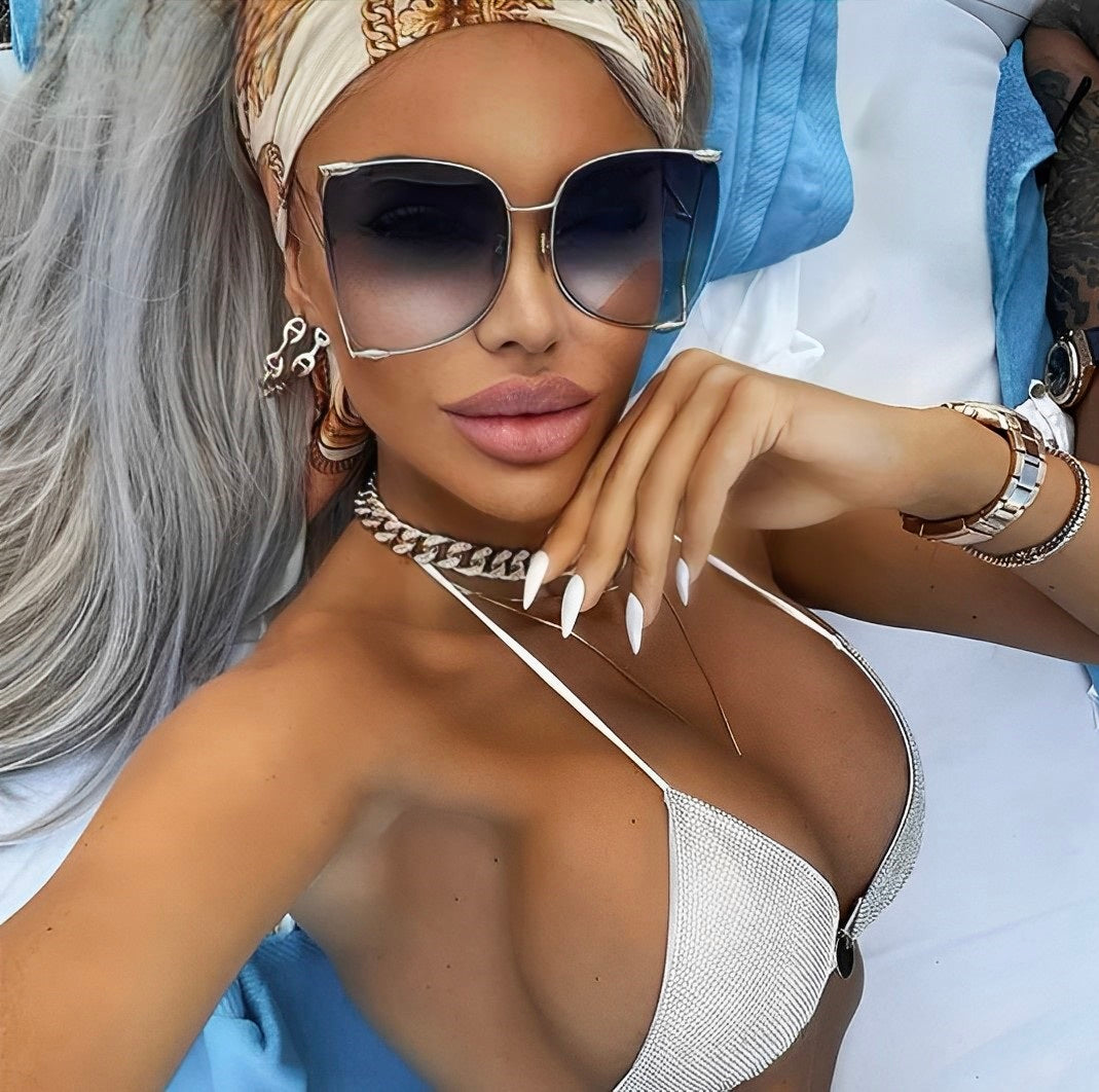 Oversized Butterfly Shaped Celeb Style Sunglasses Womens Thin Gold Half Rim Frame Gradient Tan Big Lens Eyewear Trending