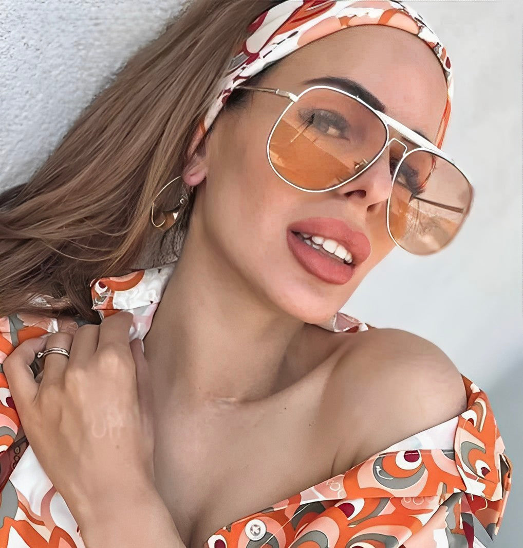 Oversized Celeb Brow Bar Pilot Sunglasses for Women and Men, Retro Designer High-end Style, Thin Metal Frame, Lightly Shaded Glasses, Pink Shades