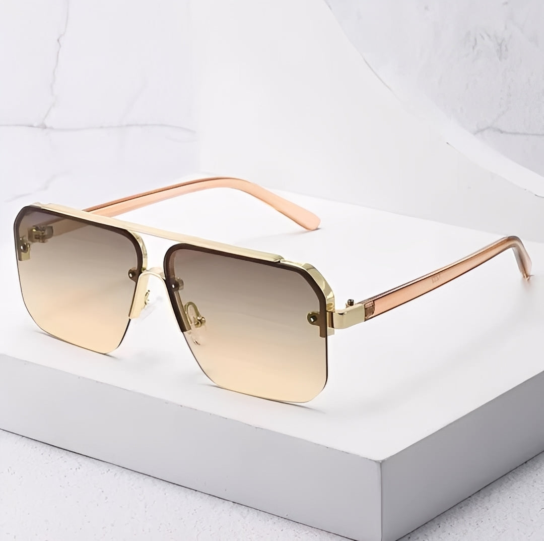 Oversized Half Frame Lightly Tinted Square Sunglasses Gradient Brown Lenses Gold Double Bridge Frame Men Woman