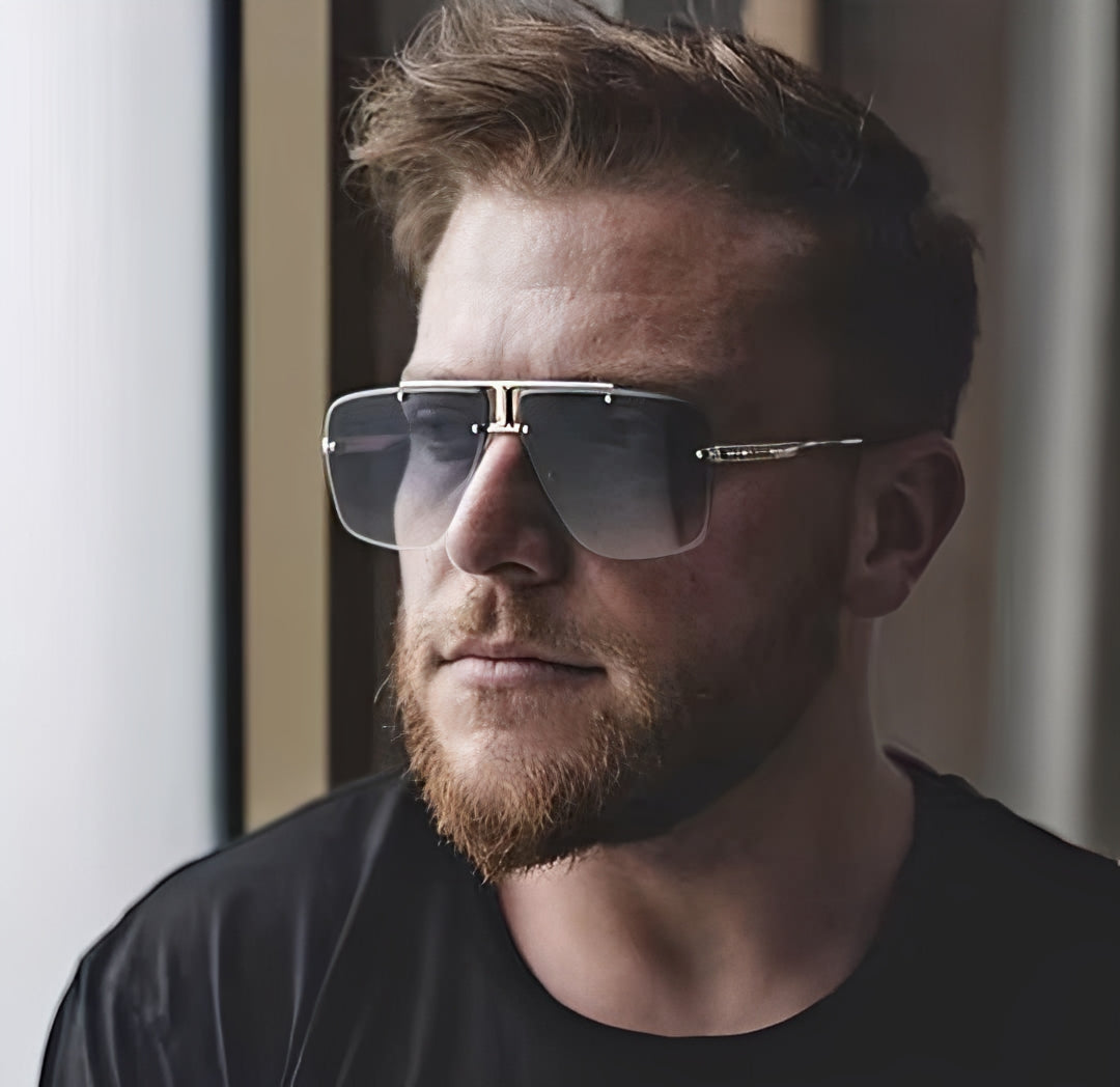 Gradient Ocean Blue Maverick Light Tinted Square Sunglasses Silver Clubmaster Frameless T-Bar Design