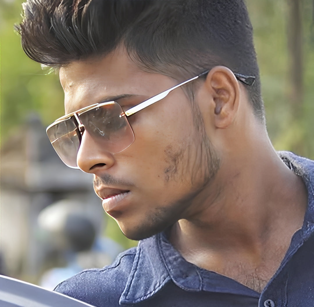 Gradient Amber Orange Maverick Light Tinted Square Sunglasses Gold Clubmaster Frameless T-Bar Design