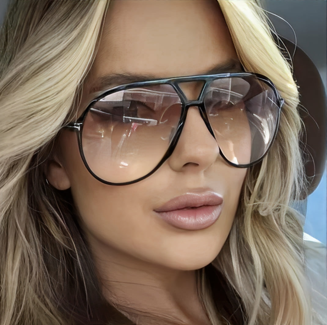 Oversized Thin Black Rim Sunglasses See through Lightly Tinted Tan Lens Celebrity Style Frames