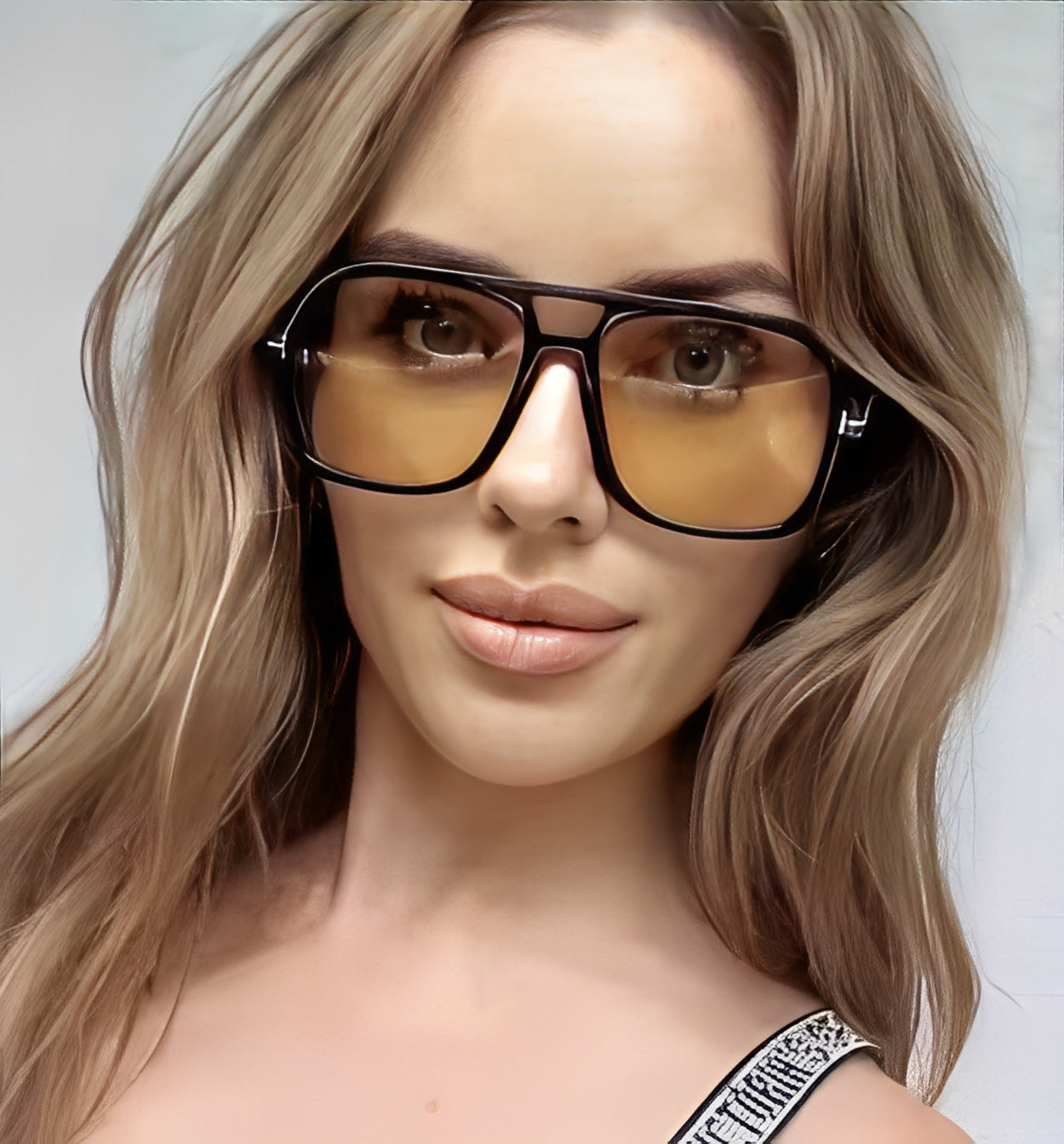 Oversized Pale Amber Lens Sunglasses Thin Black Square Frame Tangerine Yellow Light Tint Lenses