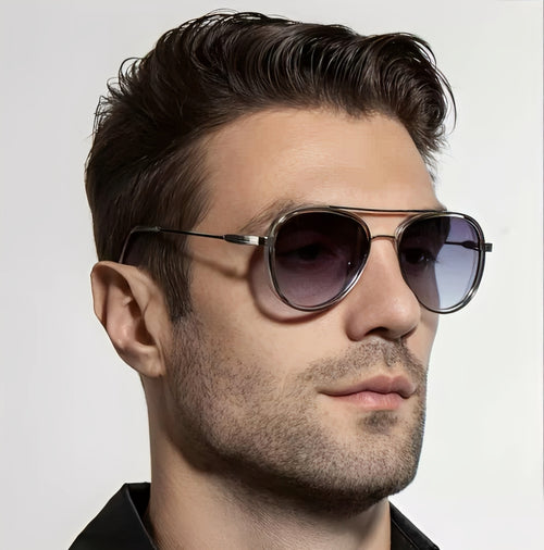 Alloy Rim Sea Blue Round Oval Browline Sunglasses Silver Metal Frame Gradient Tint Side Shield Goggles