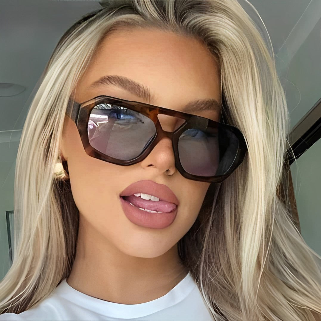 Leopard Print Sunglasses, Retro Celeb Chic, Light Blue Translucent Lens, Octagon Geometric Frame, Double Bridge, Oversized, Lightly Tinted