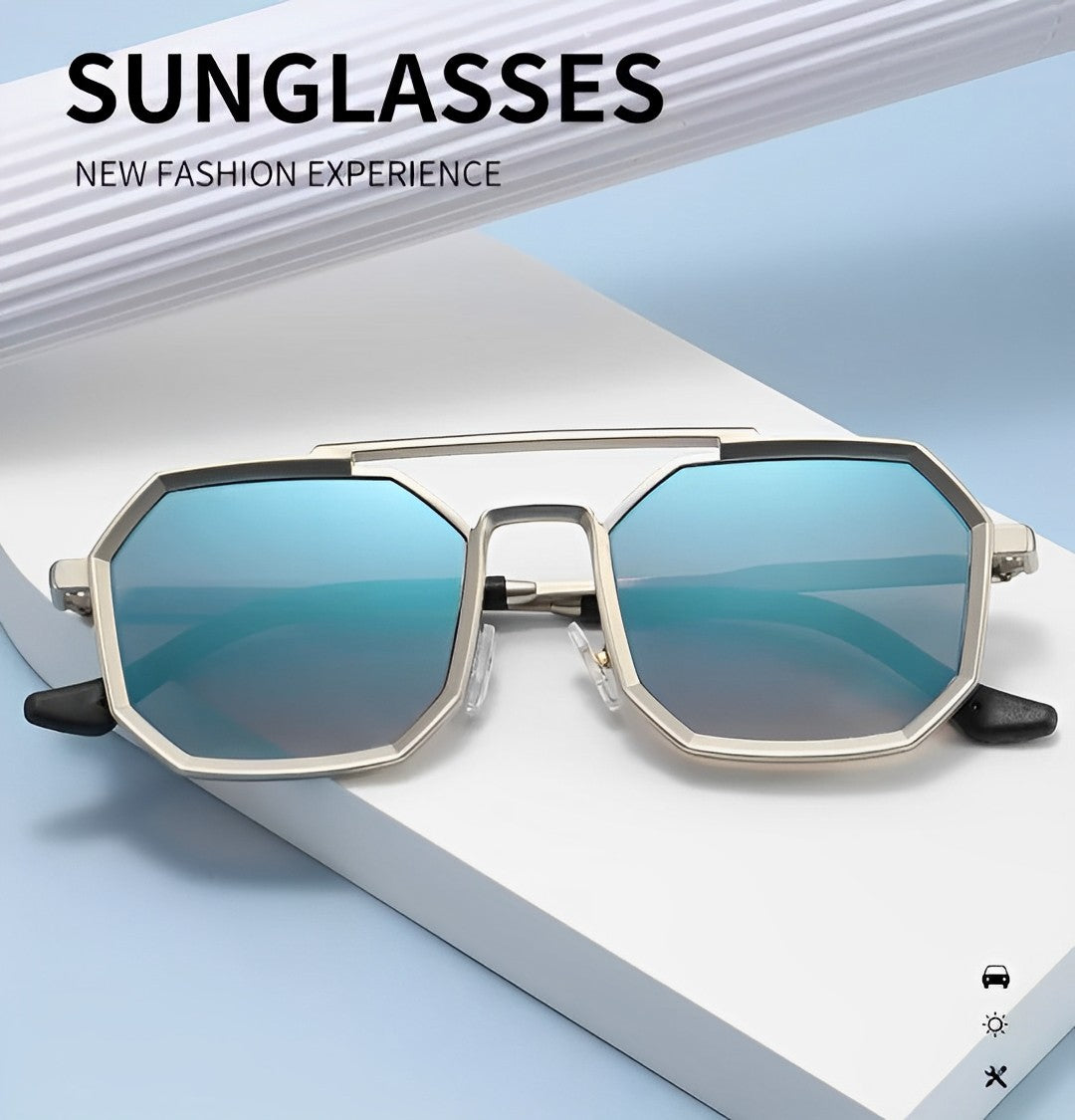 Hexagon Sunglasses, Retro Vintage Design, Silver Alloy Frame, Oversized Polygon Lenses, Polarised, Unisex