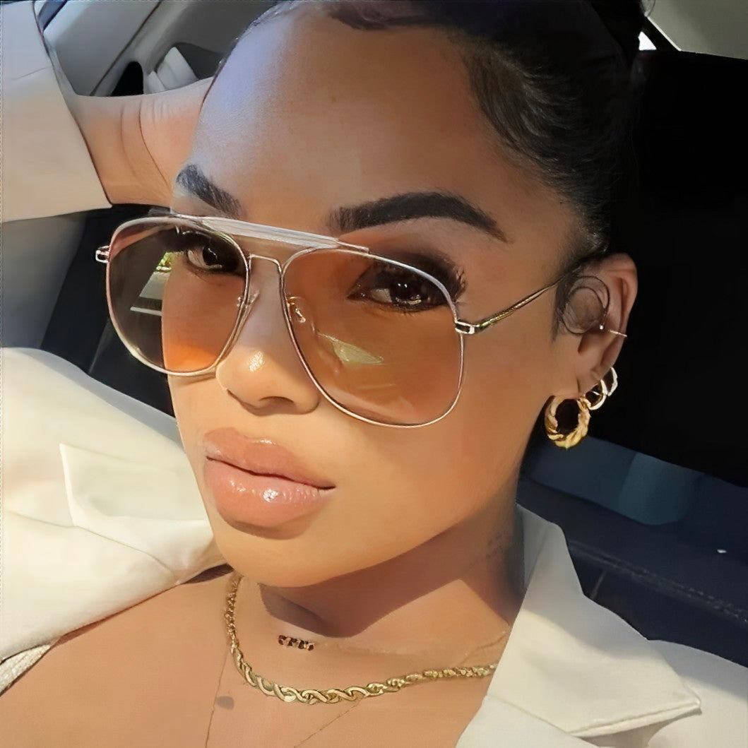 Oversized Celeb Brow Bar Pilot Sunglasses for Women and Men, Retro Designer High-end Style, Thin Metal Frame, Lightly Shaded Glasses, Pink Shades