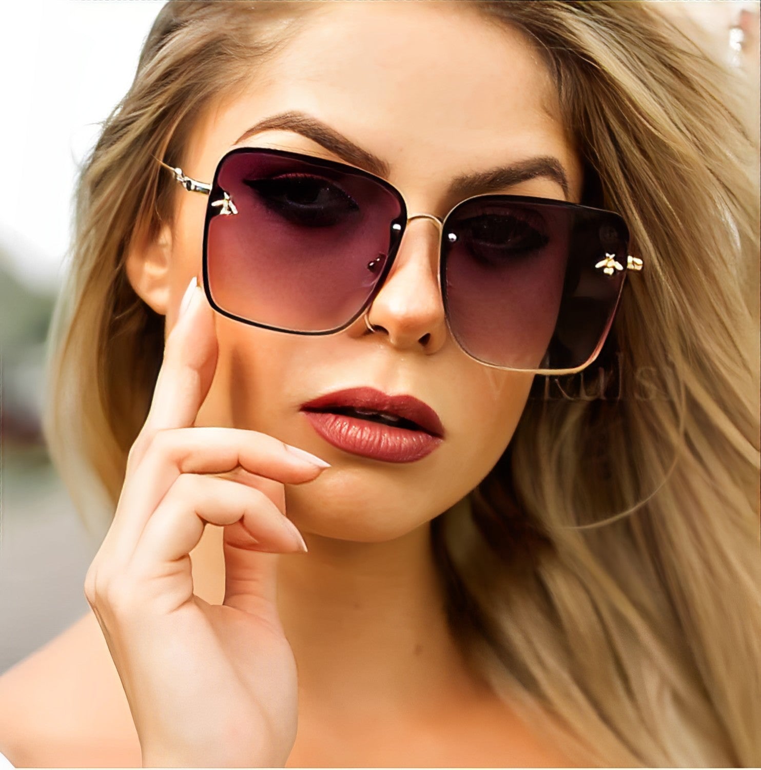 Gradient Tan Oversized Big Square Butterfly, Bee Sunglasses for Woman Rimless Gold Frame, Half Frame, Trending Sunglasses