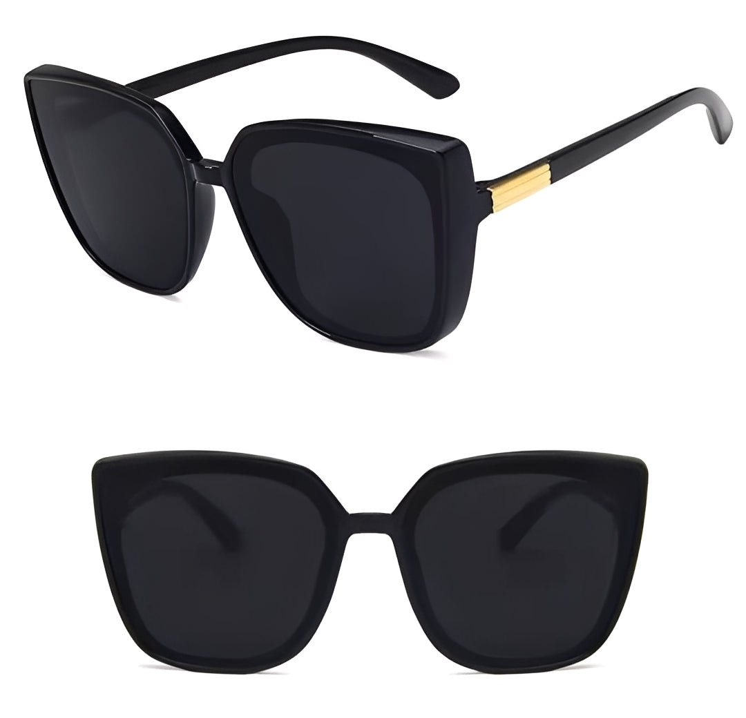 Black Square Cateye Brand Sunglasses for Women Celeb Retro Vintage Black Frame Gold Detail Oversize Frame