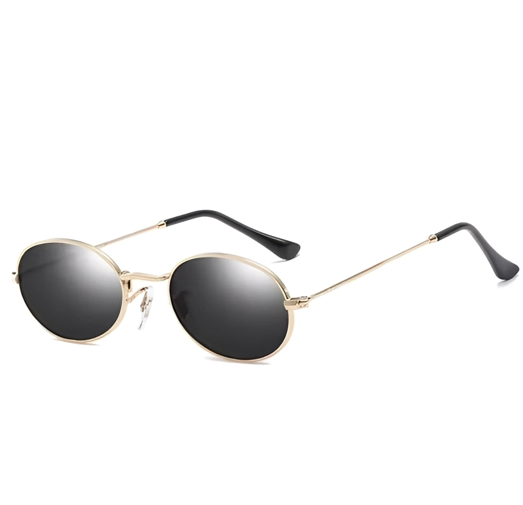 Small Gold Alloy Frame Slim Oval Sunglasses Classic Retro Brand Style Solid Grey Lens Lightweight Design