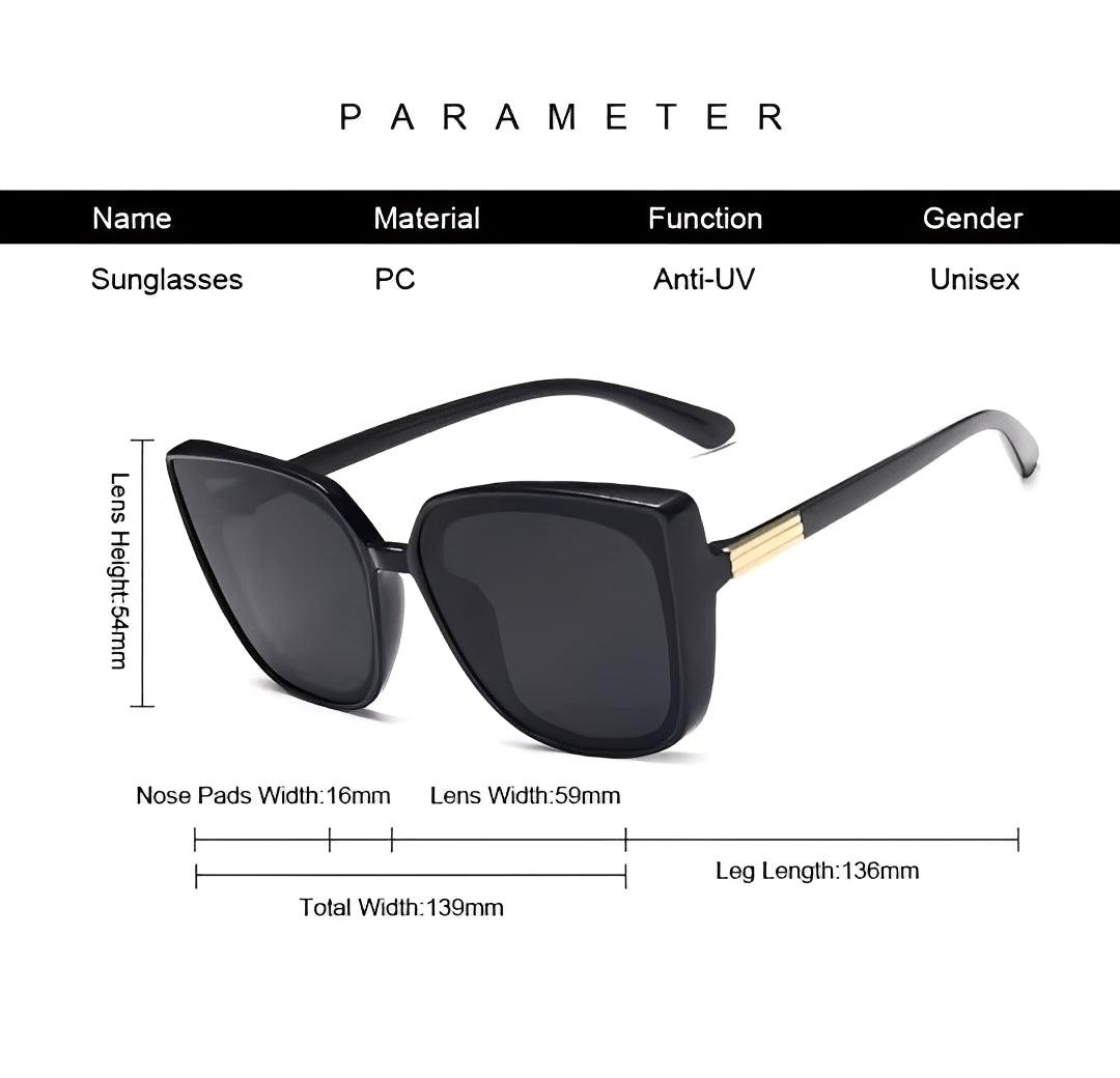 Black Square Cateye Brand Sunglasses for Women Celeb Retro Vintage Black Frame Gold Detail Oversize Frame