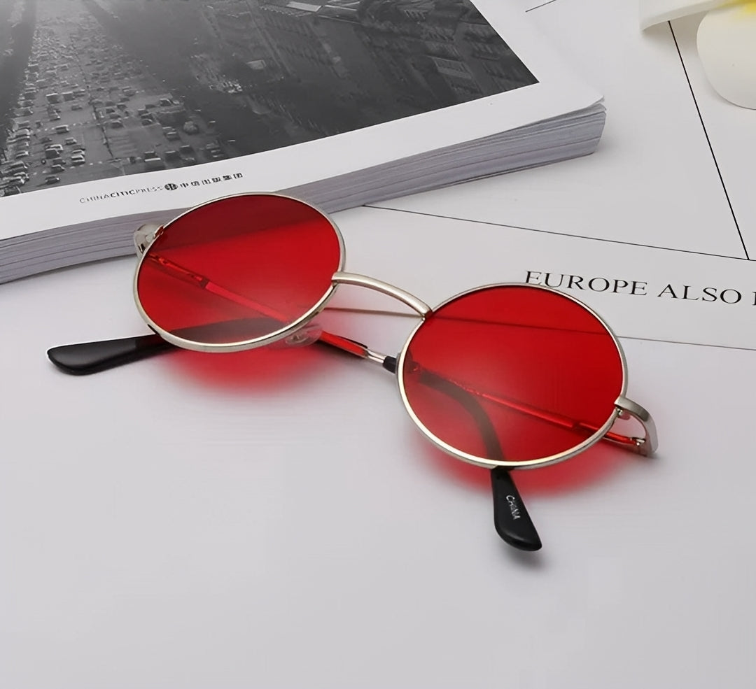Red Round Sunglasses for Women Men Retro Hippy Vintage Ibiza Festival Clubbing Cosplay Big Circle Lens Solid Alloy Metal Frame