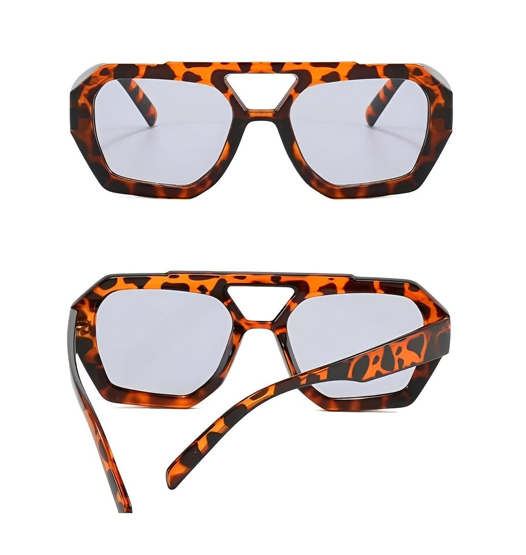 Leopard Print Sunglasses, Retro Celeb Chic, Light Blue Translucent Lens, Octagon Geometric Frame, Double Bridge, Oversized, Lightly Tinted