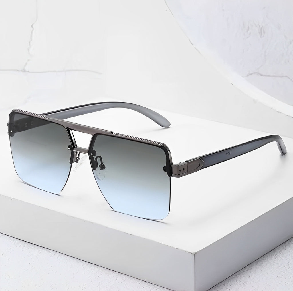 Gradient Blue Grey Tint Sunglasses for Men Women, Gunmetal Rim Frameless Celeb Rapper Stylish Trendy Smoke Lens Eyewear