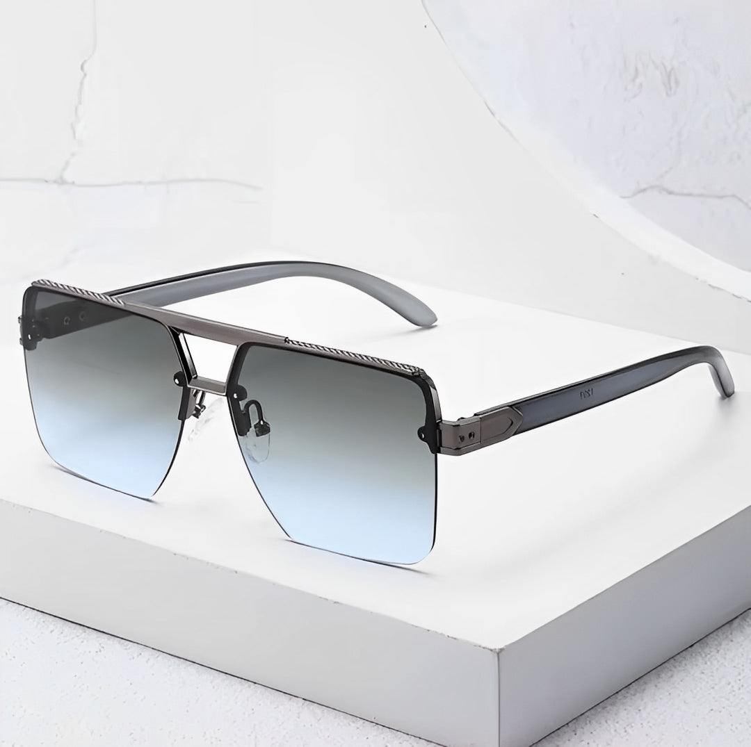 Gradient Blue Grey Tint Sunglasses for Men Women, Gunmetal Rim Frameless Celeb Rapper Stylish Trendy Smoke Lens Eyewear