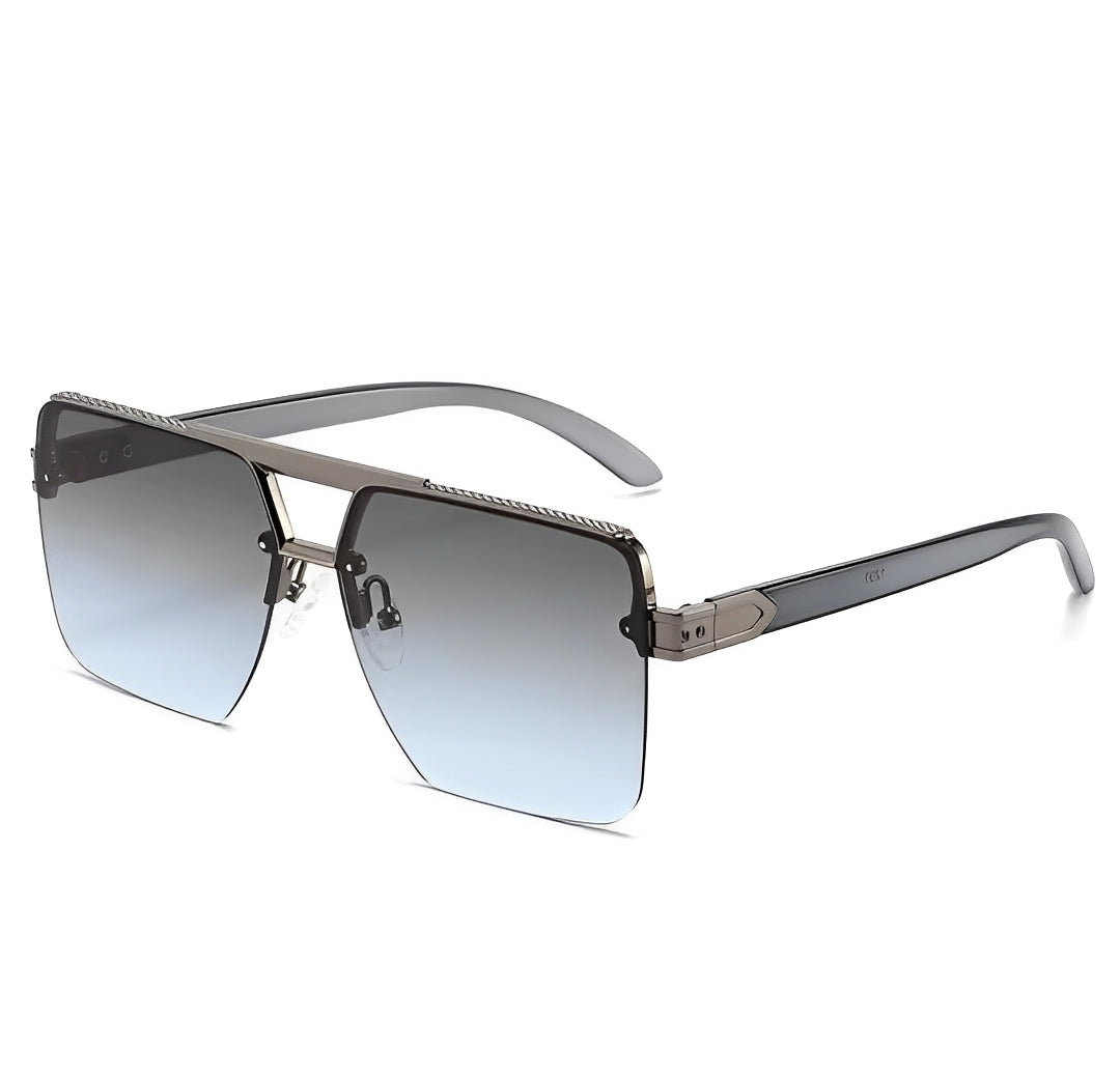 Gradient Blue Grey Tint Sunglasses for Men Women, Gunmetal Rim Frameless Celeb Rapper Stylish Trendy Smoke Lens Eyewear