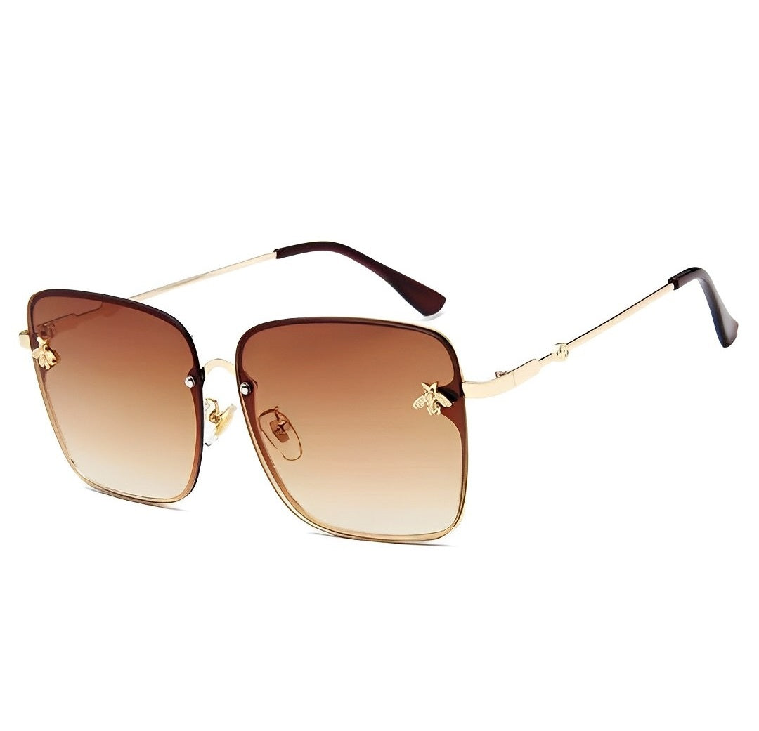 Gradient Tan Oversized Big Square Butterfly, Bee Sunglasses for Woman Rimless Gold Frame, Half Frame, Trending Sunglasses