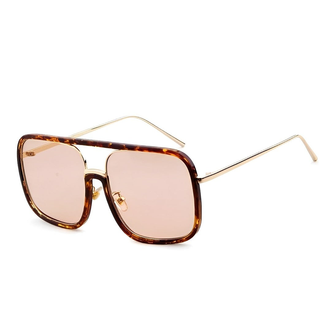 Oversized Celeb Leopard Print Tortoiseshell Sunglasses for Women, Rectangular Thin Gold Frame, Brown Tinted Lenses, UV400 Protection Fashion Glasses