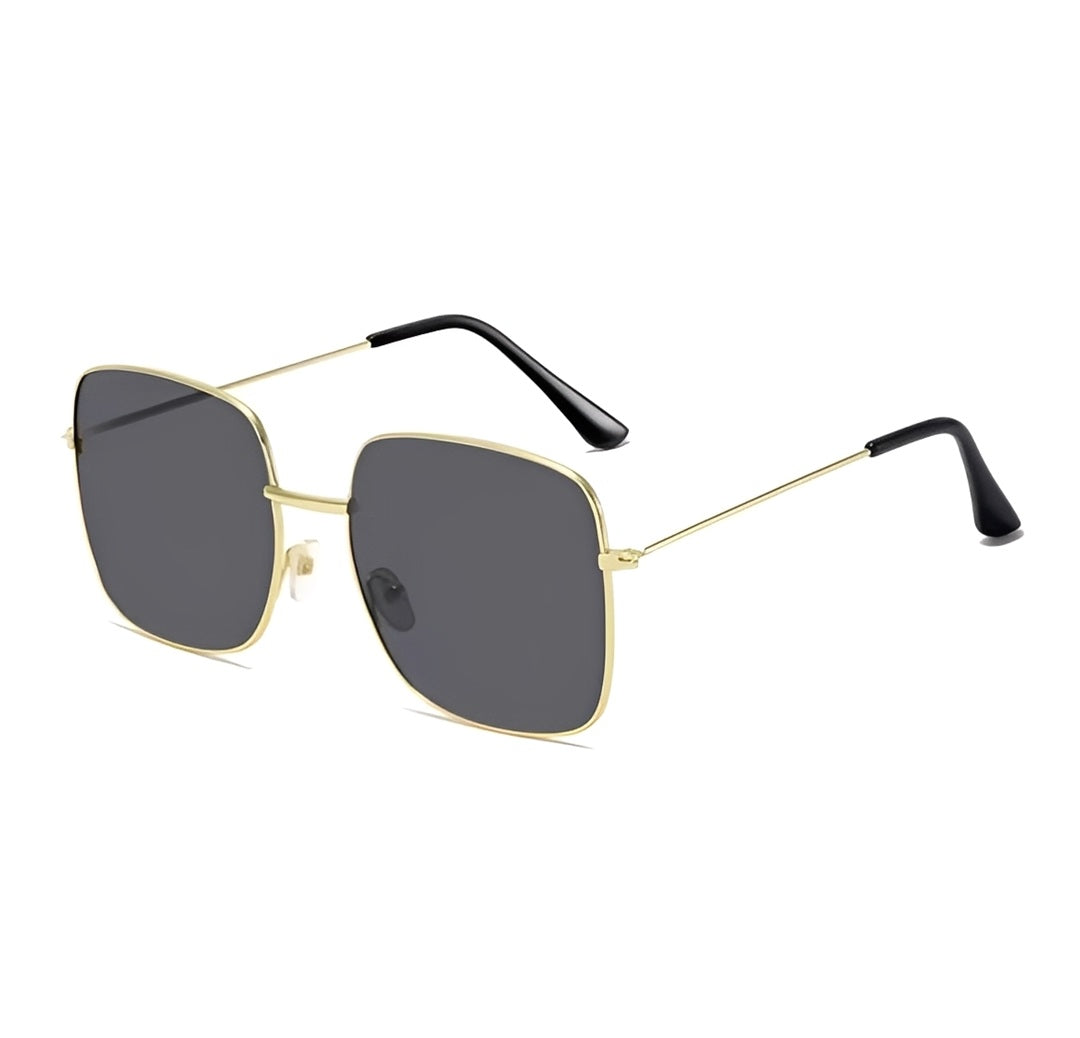 Womens Oversized Gold Geometric Square Sunglasses Thin Alloy Frame Solid Dark Grey Tint Lens