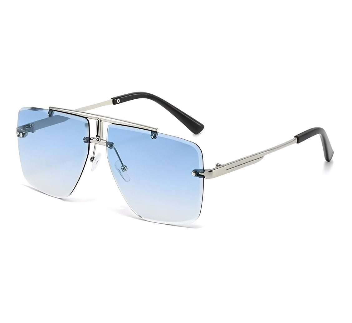 Gradient Ocean Blue Maverick Light Tinted Square Sunglasses Silver Clubmaster Frameless T-Bar Design