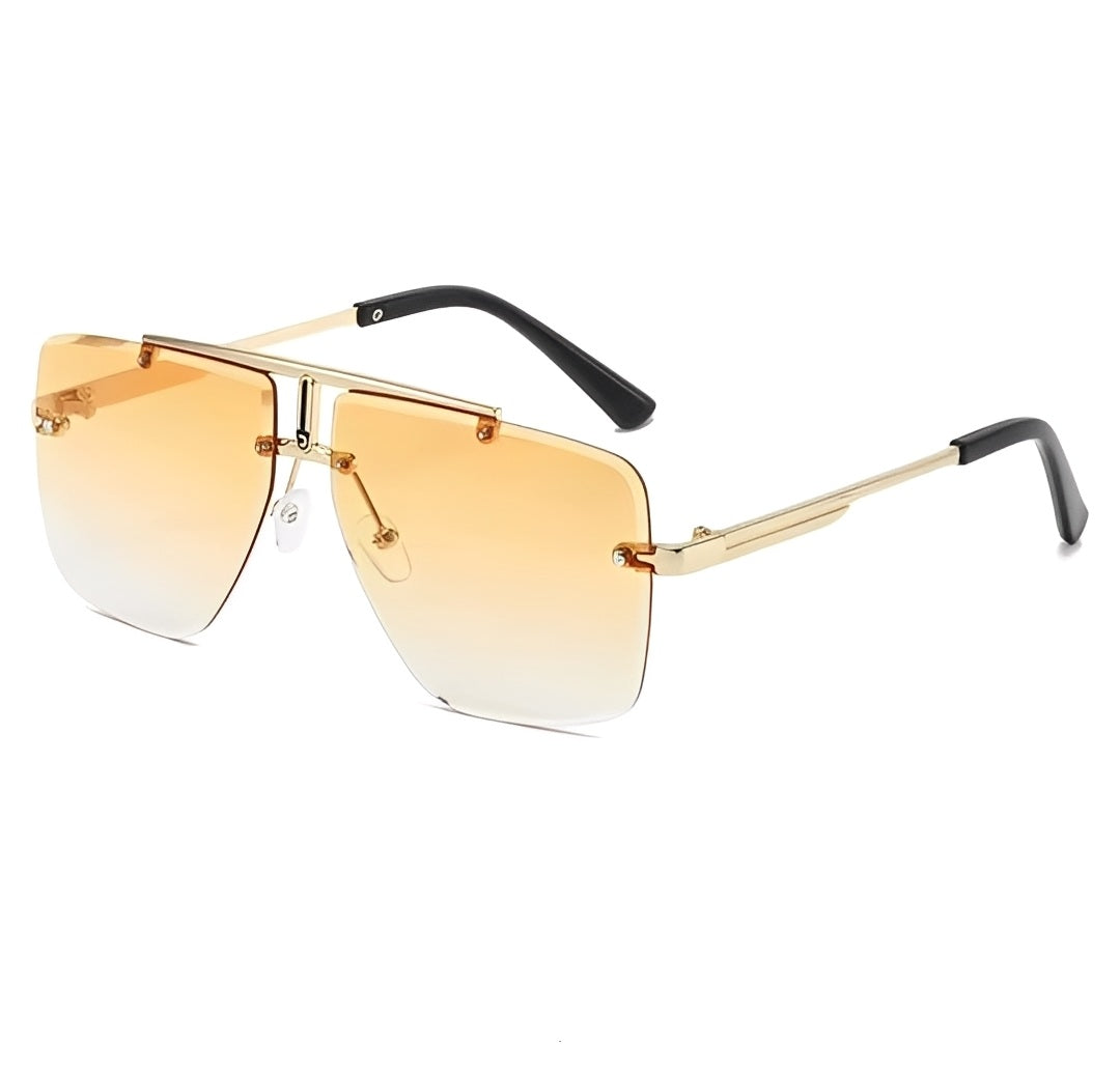 Gradient Amber Orange Maverick Light Tinted Square Sunglasses Gold Clubmaster Frameless T-Bar Design