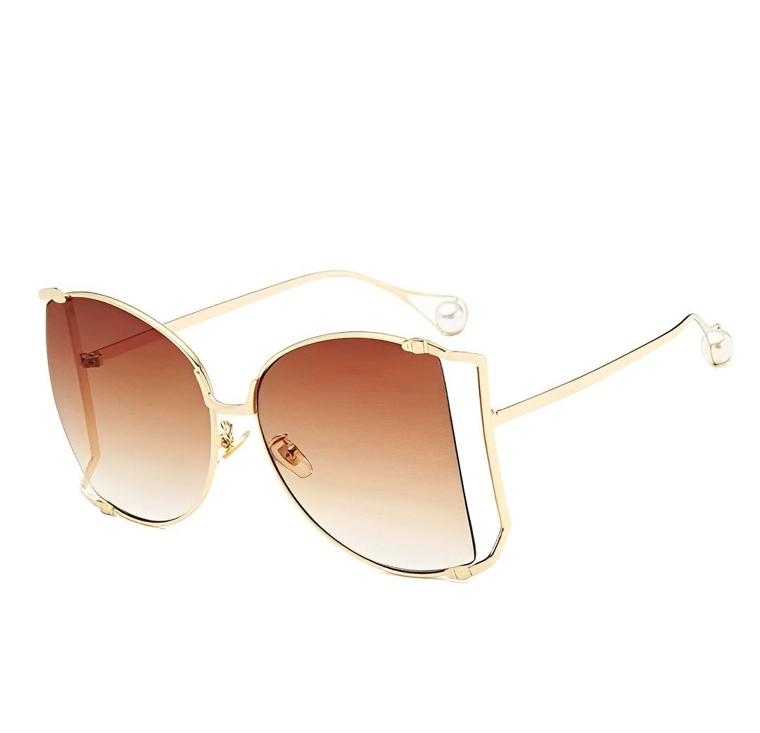 Oversized Butterfly Shaped Celeb Style Sunglasses Womens Thin Gold Half Rim Frame Gradient Tan Big Lens Eyewear Trending
