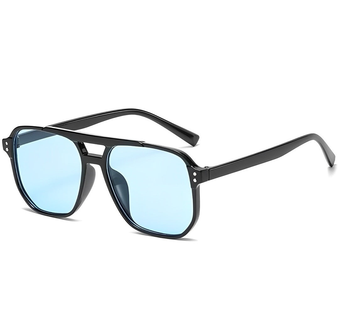 Celeb Style See Through Lightly Tinted Sunglasses, Oversized Black Rectangle Frame, Blue Tint Lens, Lightweight, for Womens Man Retro Vintage