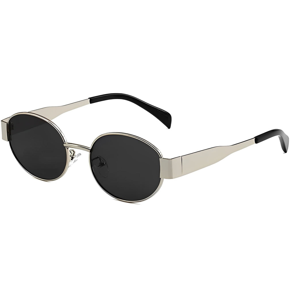 Triumph Style Sunglasses Oval Dark Grey Lens Silver Alloy Frame Celeb Style for Woman Man On-trend Fashion Festival Clubbing Glasses