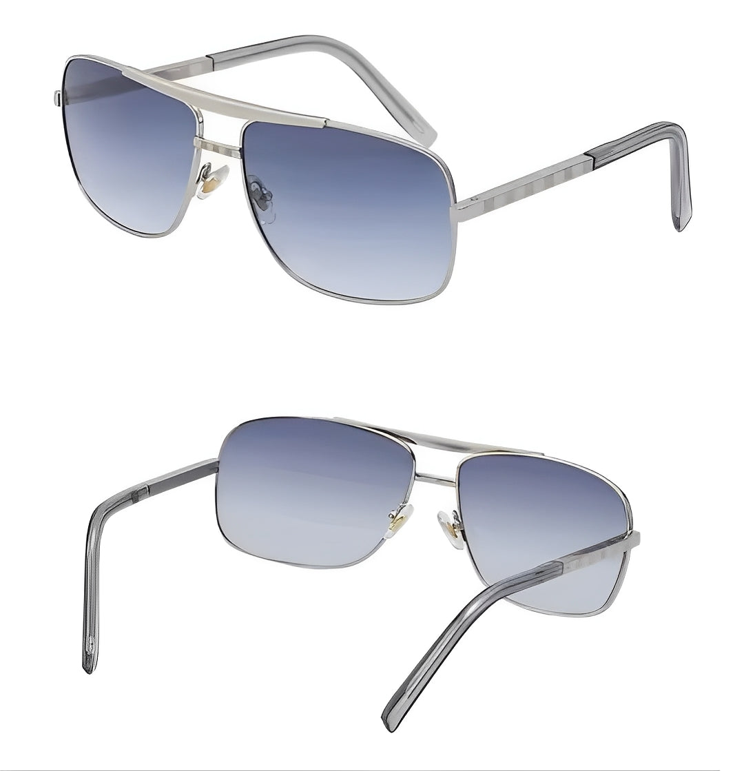 Gunmetal Silver Frame Gradient Greyish Blue Lens Sunglasses Mens, Double Bridge, Celeb Inspired, Lightweight Alloy Metal, Lightly Tinted Dark to Light