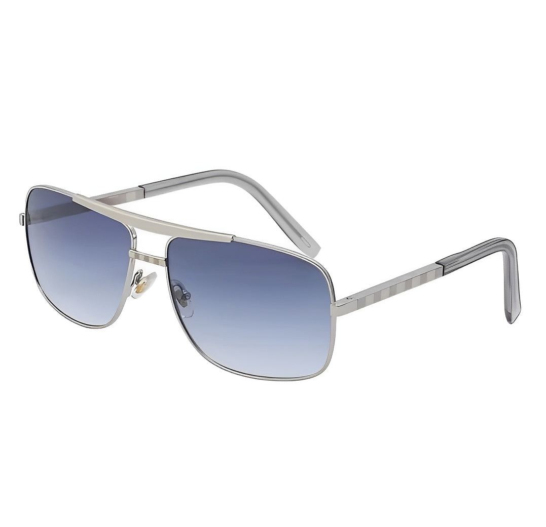 Gunmetal Silver Frame Gradient Greyish Blue Lens Sunglasses Mens, Double Bridge, Celeb Inspired, Lightweight Alloy Metal, Lightly Tinted Dark to Light