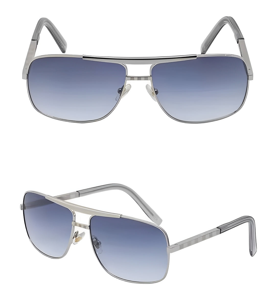 Gunmetal Silver Frame Gradient Greyish Blue Lens Sunglasses Mens, Double Bridge, Celeb Inspired, Lightweight Alloy Metal, Lightly Tinted Dark to Light