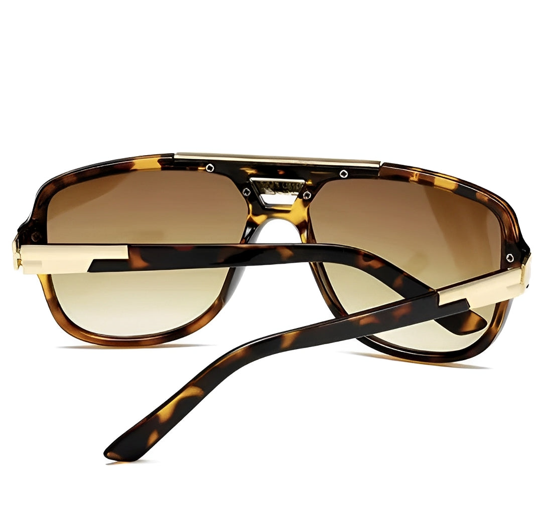 Tortoiseshell Frame Gradient Brown Double Bridge Beam Rapper Gangster Shades Sunglasses for Men Women Trending Chunky Frame Gold Detail Eyewear